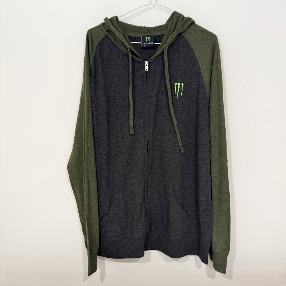 Monster Energy Mens Full Zip Lightweight Hoodie Grey Green Size XL